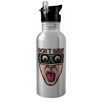 Don't Care, Water bottle Silver with straw, stainless steel 600ml
