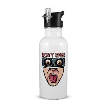 Don't Care, White water bottle with straw, stainless steel 600ml