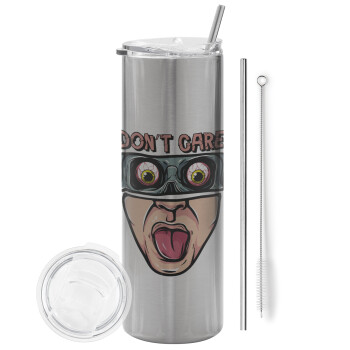 Don't Care, Eco friendly stainless steel Silver tumbler 600ml, with metal straw & cleaning brush