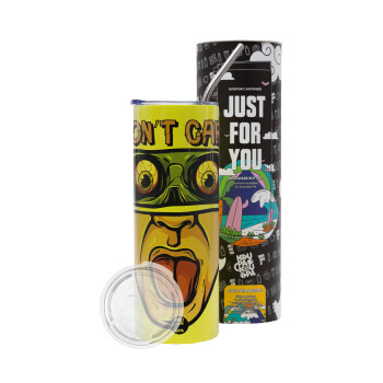 Don't Care, Neon Yellow Travel Tumbler, with metal straw (Stainless steel 304 Food grade, BPA free, 600ml)
