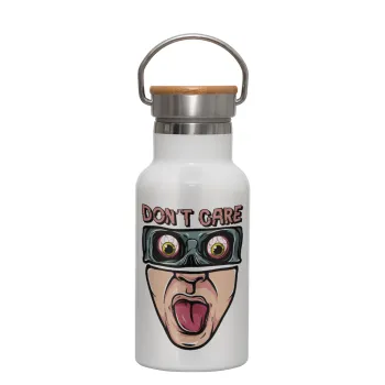 Don't Care, Μεταλλικό παγούρι θερμός (Stainless steel) Λευκό με ξύλινο καπακι (bamboo), διπλού τοιχώματος, 350ml