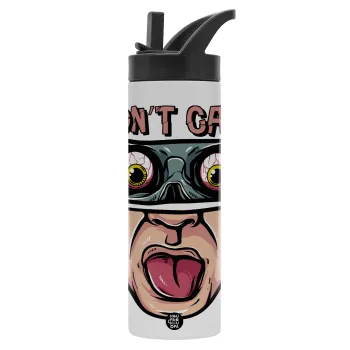 Don't Care, Μεταλλικό παγούρι θερμός με καλαμάκι & χειρολαβή, ανοξείδωτο ατσάλι (Stainless steel 304), διπλού τοιχώματος, 600ml