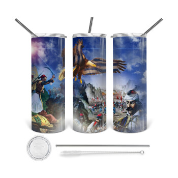 25η Μαρτίου 1821 Εθνική Επέτειος, Tumbler ποτήρι θερμό από ανοξείδωτο ατσάλι 600ml, με μεταλλικό καλαμάκι & βούρτσα καθαρισμού