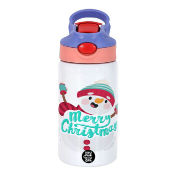 Merry Christmas snowman, Children's hot water bottle, stainless steel, with safety straw, pink/purple (350ml)