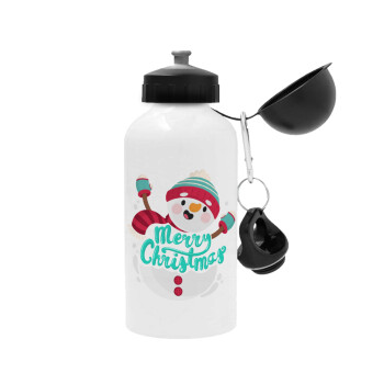 Merry Christmas snowman, Metal water bottle, White, aluminum 500ml