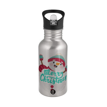 Merry Christmas snowman, Water bottle Silver with straw, stainless steel 500ml