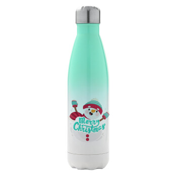 Merry Christmas snowman, Metal mug thermos Green/White (Stainless steel), double wall, 500ml