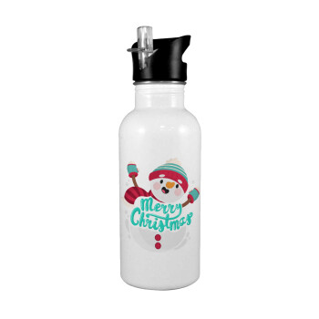 Merry Christmas snowman, White water bottle with straw, stainless steel 600ml