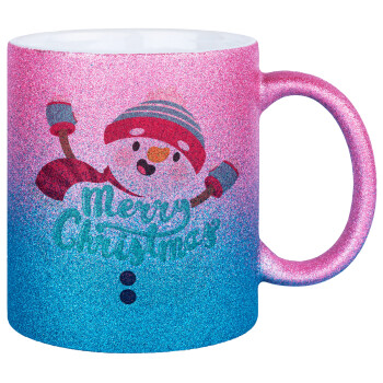Merry Christmas snowman, Κούπα Χρυσή/Μπλε Glitter, κεραμική, 330ml