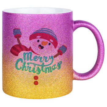 Merry Christmas snowman, Κούπα Χρυσή/Ροζ Glitter, κεραμική, 330ml