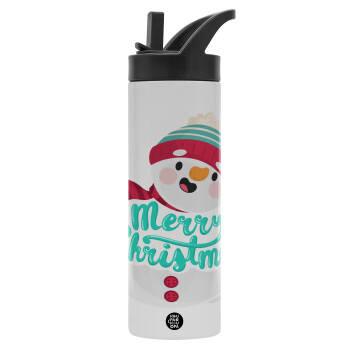 Merry Christmas snowman, Μεταλλικό παγούρι θερμός με καλαμάκι & χειρολαβή, ανοξείδωτο ατσάλι (Stainless steel 304), διπλού τοιχώματος, 600ml