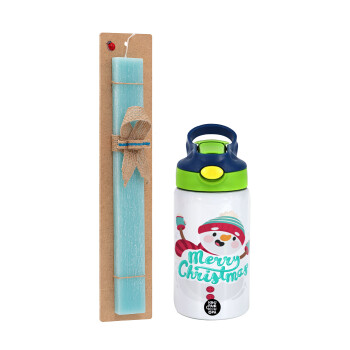 Merry Christmas snowman, Πασχαλινό Σετ, Παιδικό παγούρι θερμό, ανοξείδωτο, με καλαμάκι ασφαλείας, πράσινο/μπλε (350ml) & πασχαλινή λαμπάδα αρωματική πλακέ (30cm) (ΤΙΡΚΟΥΑΖ)
