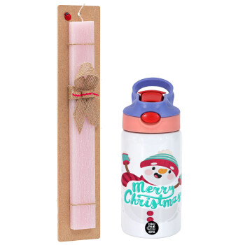 Merry Christmas snowman, Πασχαλινό Σετ, Παιδικό παγούρι θερμό, ανοξείδωτο, με καλαμάκι ασφαλείας, ροζ/μωβ (350ml) & πασχαλινή λαμπάδα αρωματική πλακέ (30cm) (ΡΟΖ)