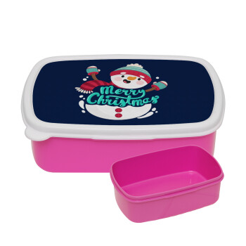 Merry Christmas snowman, ΡΟΖ παιδικό δοχείο φαγητού (lunchbox) πλαστικό (BPA-FREE) Lunch Βox M18 x Π13 x Υ6cm