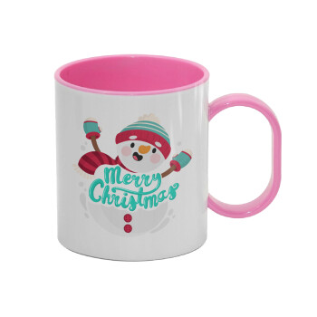 Merry Christmas snowman, Κούπα (πλαστική) (BPA-FREE) Polymer Ροζ για παιδιά, 330ml