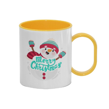 Merry Christmas snowman, Κούπα (πλαστική) (BPA-FREE) Polymer Κίτρινη για παιδιά, 330ml