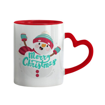 Merry Christmas snowman, Mug heart red handle, ceramic, 330ml