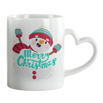 Merry Christmas snowman, Mug heart handle, ceramic, 330ml