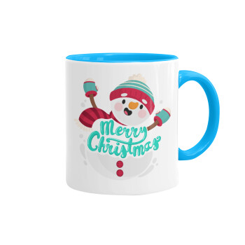 Merry Christmas snowman, Mug colored light blue, ceramic, 330ml