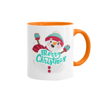 Merry Christmas snowman, Κούπα χρωματιστή πορτοκαλί, κεραμική, 330ml