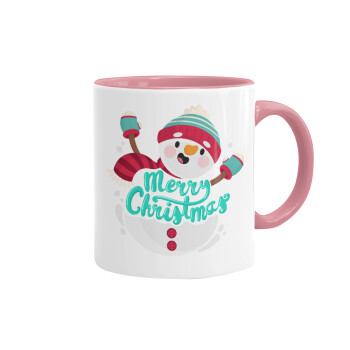 Merry Christmas snowman, Κούπα χρωματιστή ροζ, κεραμική, 330ml