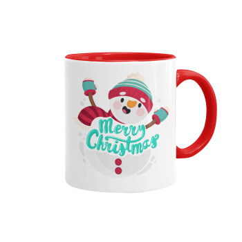 Merry Christmas snowman, Κούπα χρωματιστή κόκκινη, κεραμική, 330ml