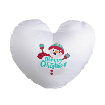 Merry Christmas snowman, Μαξιλάρι καναπέ καρδιά 40x40cm περιέχεται το  γέμισμα