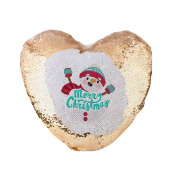 Merry Christmas snowman, Μαξιλάρι καναπέ καρδιά Μαγικό Χρυσό με πούλιες 40x40cm περιέχεται το  γέμισμα
