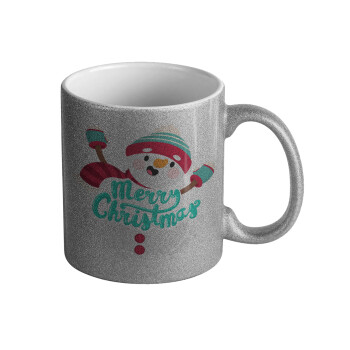 Merry Christmas snowman, Κούπα Ασημένια Glitter που γυαλίζει, κεραμική, 330ml
