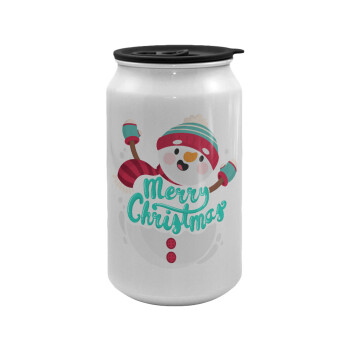 Merry Christmas snowman, Κούπα ταξιδιού μεταλλική με καπάκι (tin-can) 500ml