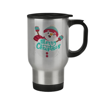 Merry Christmas snowman, Stainless steel travel mug with lid, double wall 450ml