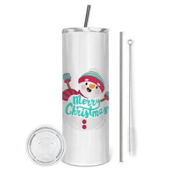 Merry Christmas snowman, Eco friendly ποτήρι θερμό (tumbler) από ανοξείδωτο ατσάλι 600ml, με μεταλλικό καλαμάκι & βούρτσα καθαρισμού