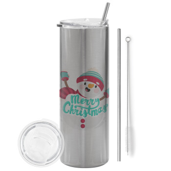 Merry Christmas snowman, Eco friendly stainless steel Silver tumbler 600ml, with metal straw & cleaning brush