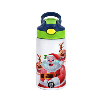 Santa Claus & Deers, Children's hot water bottle, stainless steel, with safety straw, green, blue (350ml)