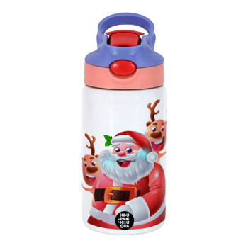 Santa Claus & Deers, Children's hot water bottle, stainless steel, with safety straw, pink/purple (350ml)