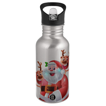 Santa Claus & Deers, Water bottle Silver with straw, stainless steel 500ml