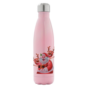 Santa Claus & Deers, Metal mug thermos Pink Iridiscent (Stainless steel), double wall, 500ml