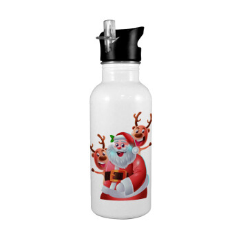 Santa Claus & Deers, White water bottle with straw, stainless steel 600ml