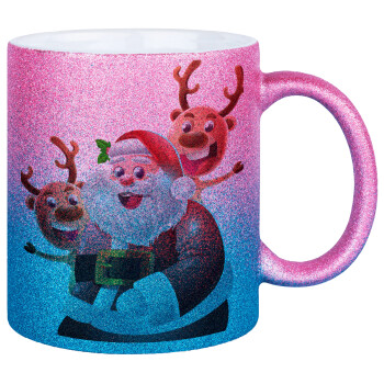 Santa Claus & Deers, Κούπα Χρυσή/Μπλε Glitter, κεραμική, 330ml