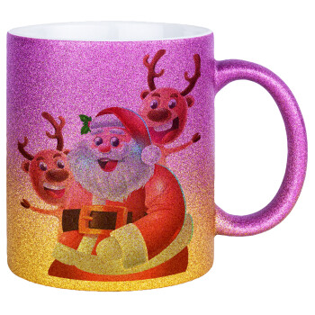 Santa Claus & Deers, Κούπα Χρυσή/Ροζ Glitter, κεραμική, 330ml