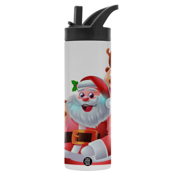 Santa Claus & Deers, Μεταλλικό παγούρι θερμός με καλαμάκι & χειρολαβή, ανοξείδωτο ατσάλι (Stainless steel 304), διπλού τοιχώματος, 600ml