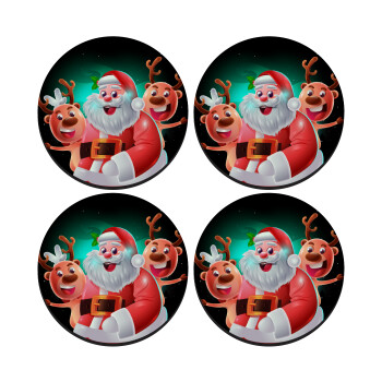 Santa Claus & Deers, SET of 4 round wooden coasters (9cm)
