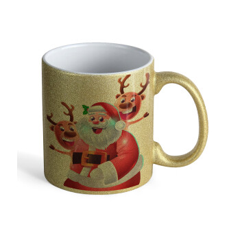 Santa Claus & Deers, Κούπα Χρυσή Glitter που γυαλίζει, κεραμική, 330ml