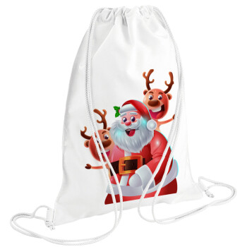 Santa Claus & Deers, Τσάντα πλάτης πουγκί GYMBAG λευκή (28x40cm)
