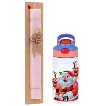 Santa Claus & Deers, Πασχαλινό Σετ, Παιδικό παγούρι θερμό, ανοξείδωτο, με καλαμάκι ασφαλείας, ροζ/μωβ (350ml) & πασχαλινή λαμπάδα αρωματική πλακέ (30cm) (ΡΟΖ)