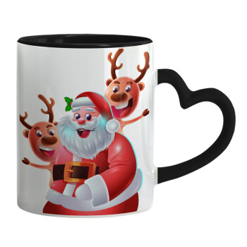 Santa Claus & Deers, Κούπα καρδιά χερούλι μαύρη, κεραμική, 330ml