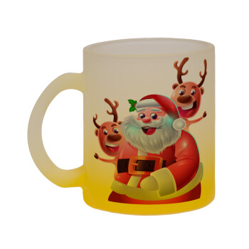 Santa Claus & Deers, Κούπα γυάλινη δίχρωμη με βάση το κίτρινο ματ, 330ml