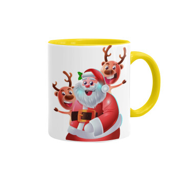 Santa Claus & Deers, Κούπα χρωματιστή κίτρινη, κεραμική, 330ml