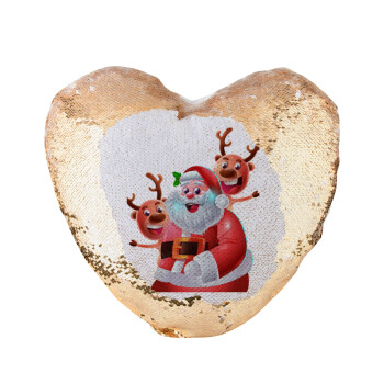 Santa Claus & Deers, Μαξιλάρι καναπέ καρδιά Μαγικό Χρυσό με πούλιες 40x40cm περιέχεται το  γέμισμα