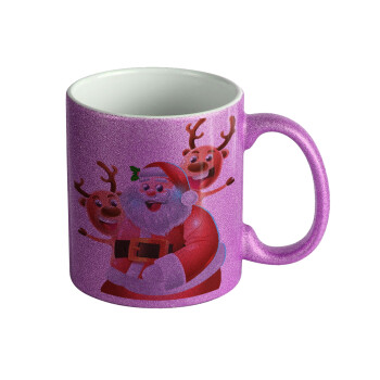 Santa Claus & Deers, Κούπα Μωβ Glitter που γυαλίζει, κεραμική, 330ml